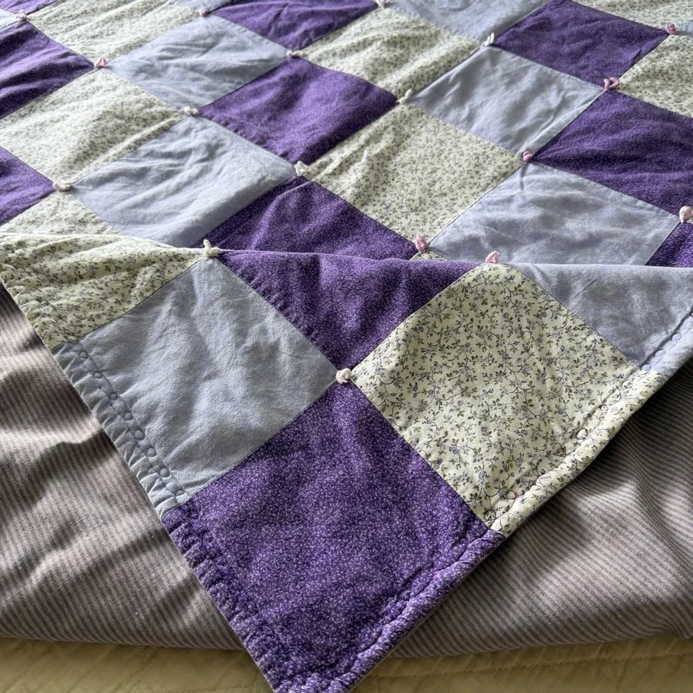 Vintage Patchwork Quilt – Purple & Lavender Floral – Hand-Tied – 57” x 57”
